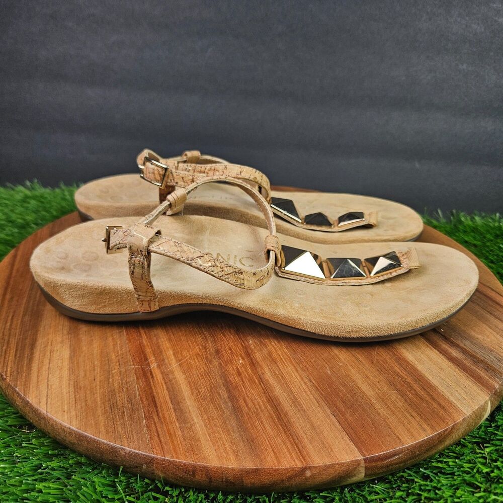 Vionic Nala T-Strap Sandals Ankle Strap Cork Tan Sz 8 Gold Stud Beachy Comfort